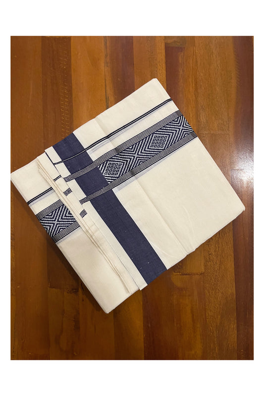 Pure Cotton Off White Double Mundu with Silver Kasavu and Navy Blue Woven Border (South Indian Dhoti)