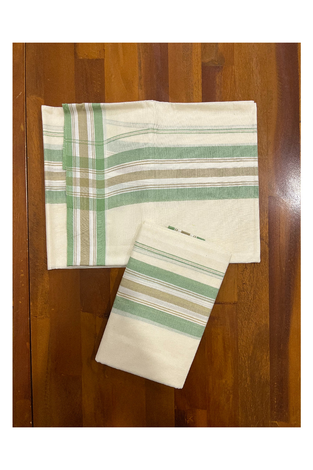 Kerala Cotton Mundum Neriyathum Single (Set Mundu) with Light Green and Beige Mulloth Border (Extra Soft Cotton)