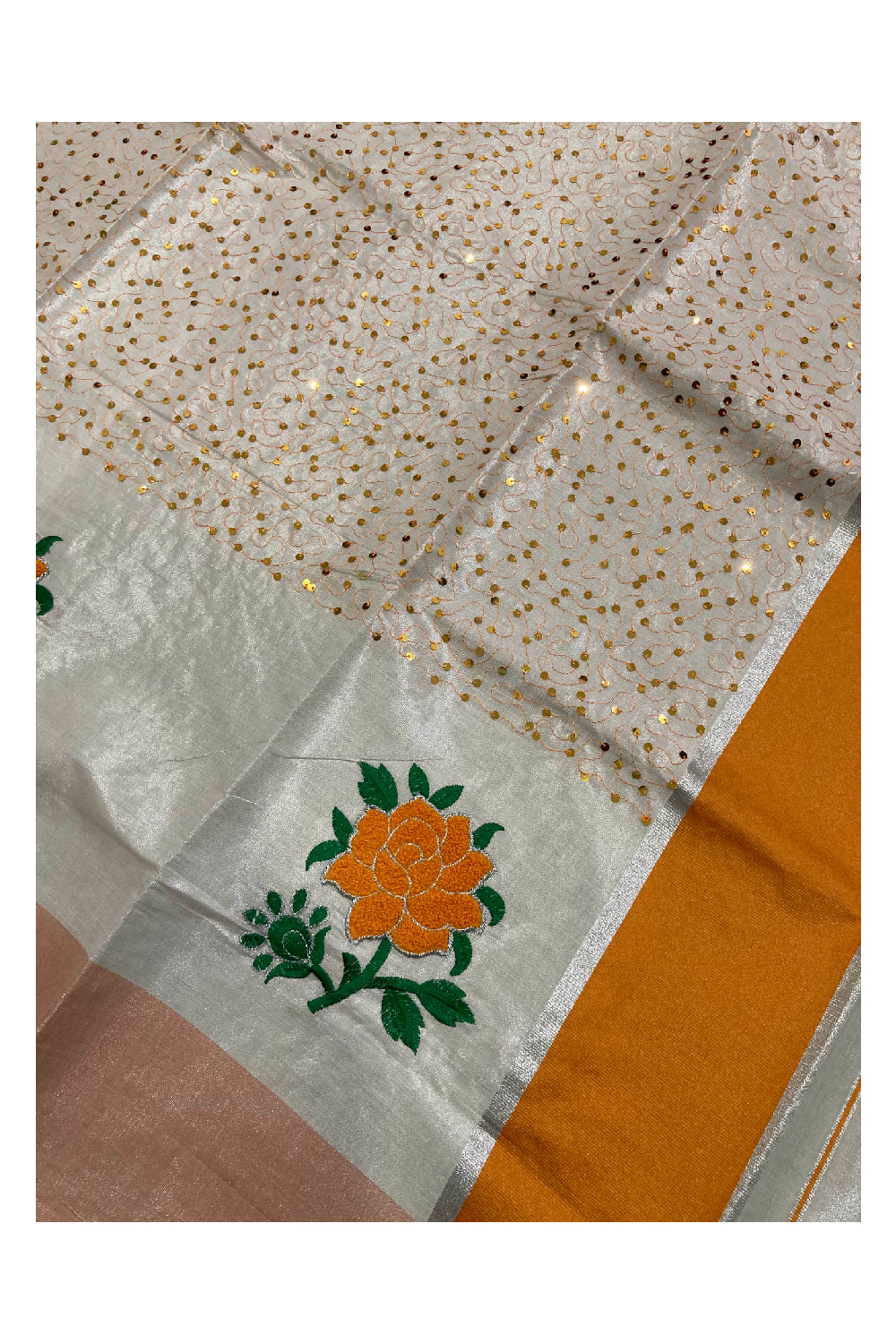 Kerala Silver Tissue Kasavu Saree With Orange Embroidered Floral and Sequins Design