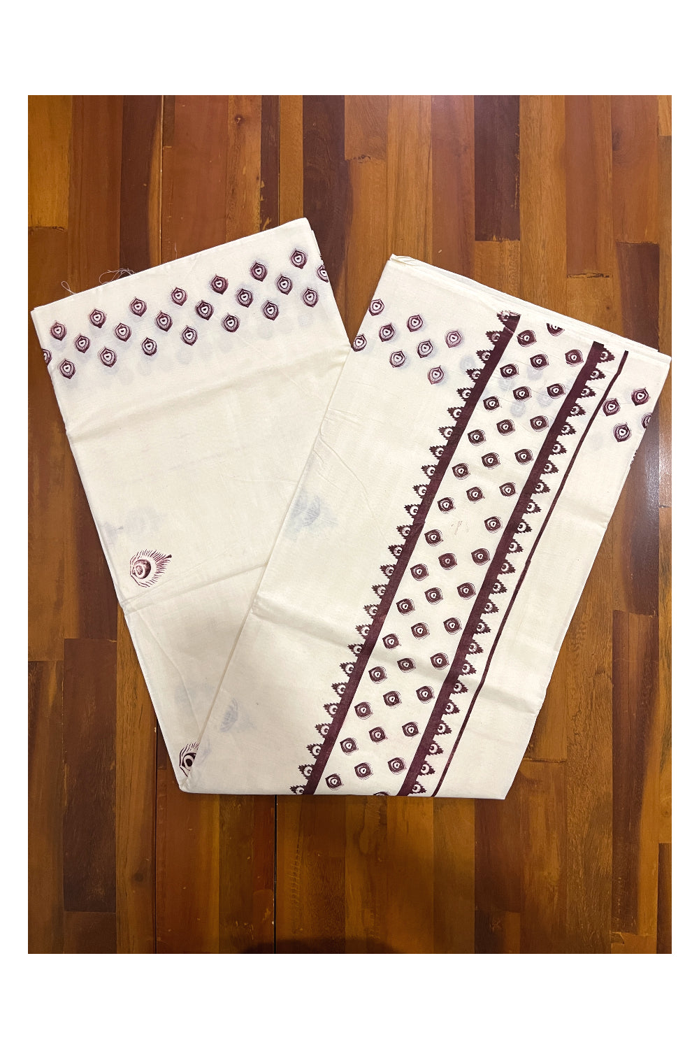 Pure Cotton Off White Kerala Saree with Brown Block Print Border (Vishu Saree 2023)