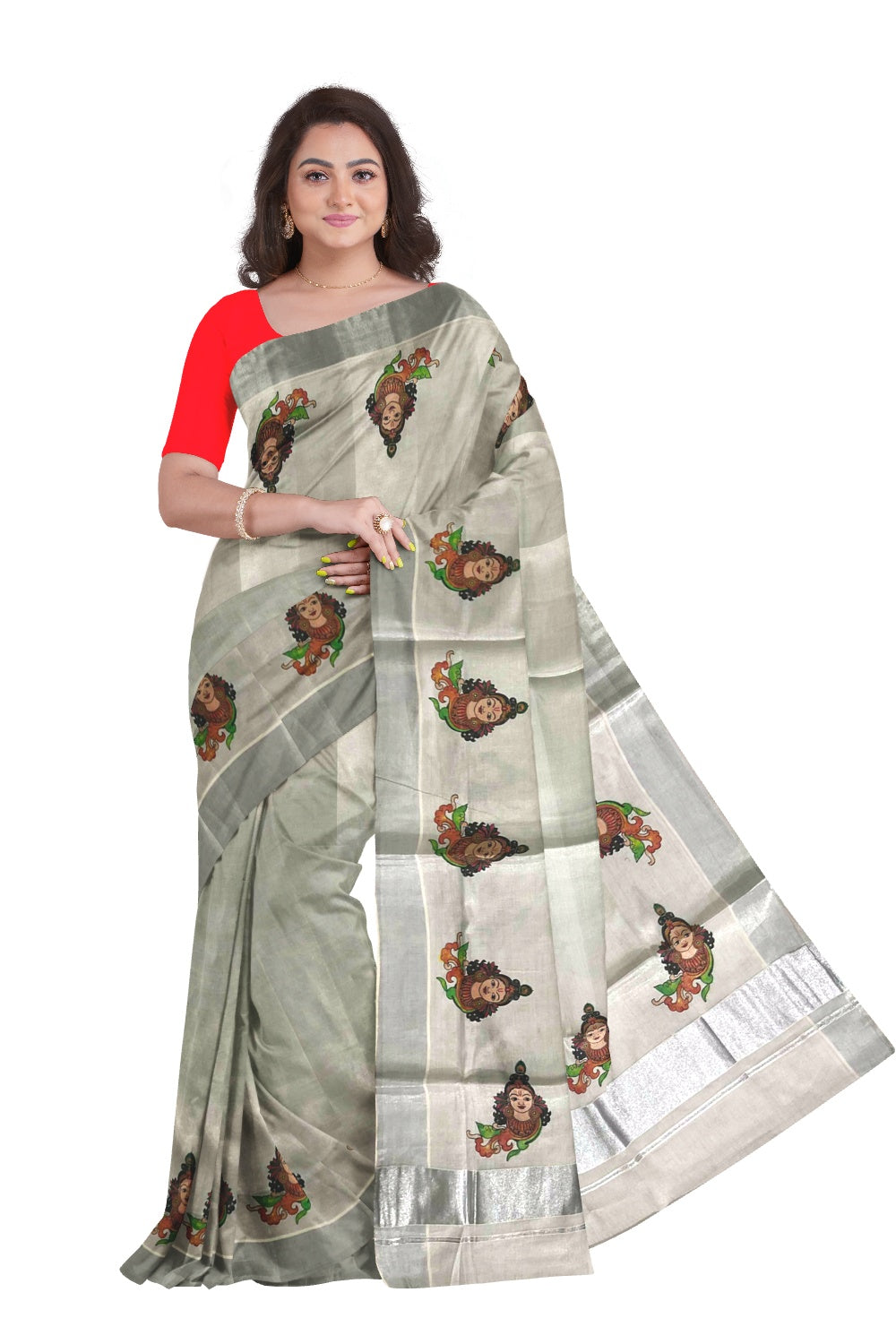 Kerala Silver Tissue Kasavu Mural Printed Devi Face Saree