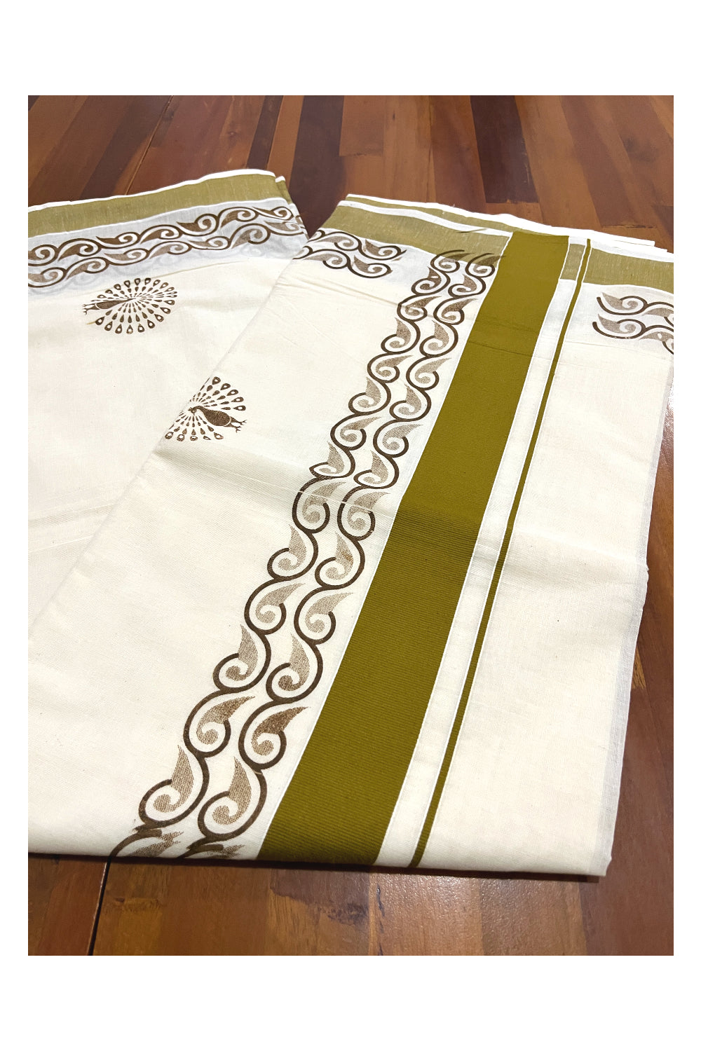 Pure Cotton Kerala Saree with Olive Peacock Block Printed Design