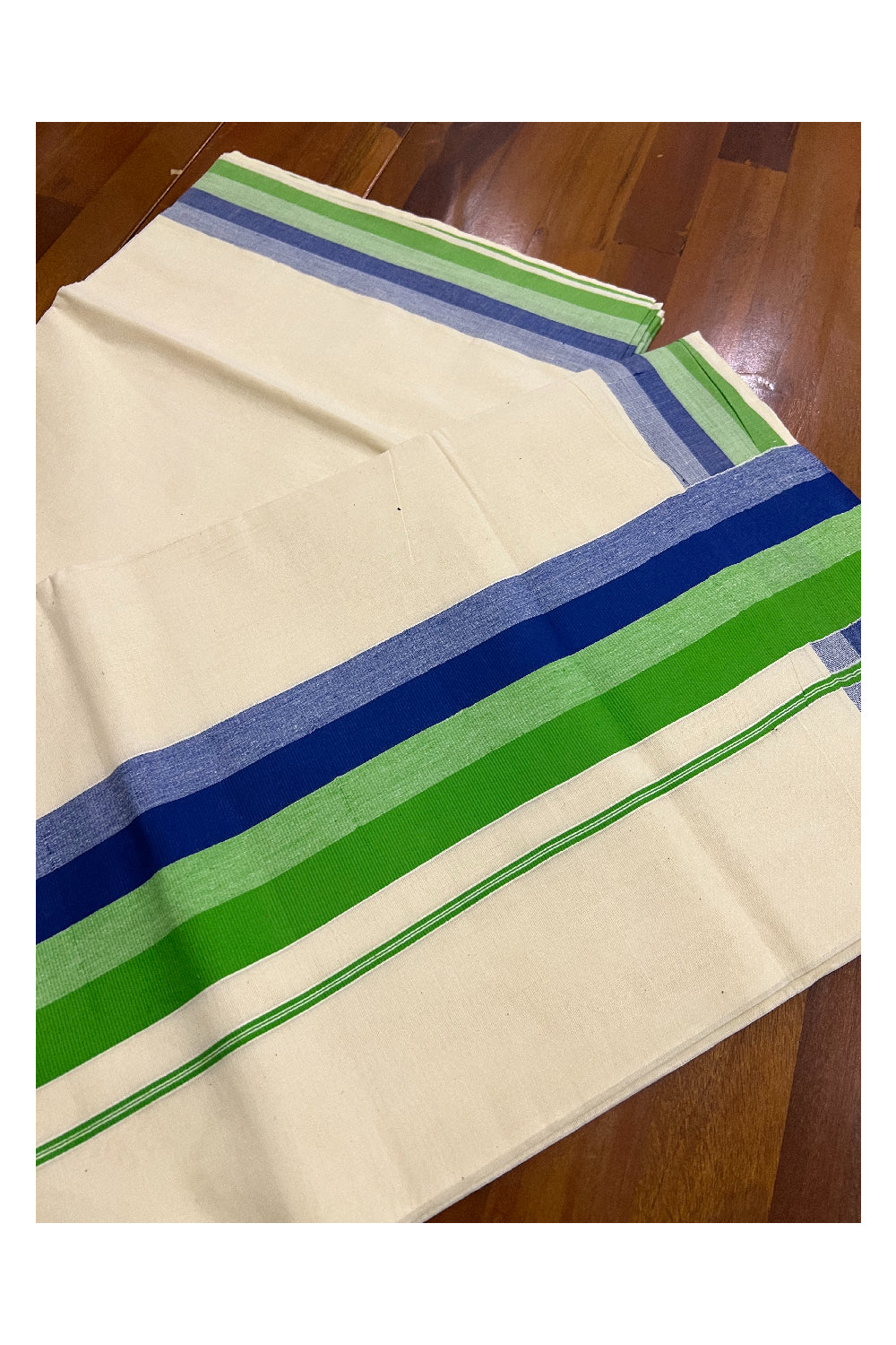 Kerala Cotton Saree with Light Green and Blue Lines Border Design