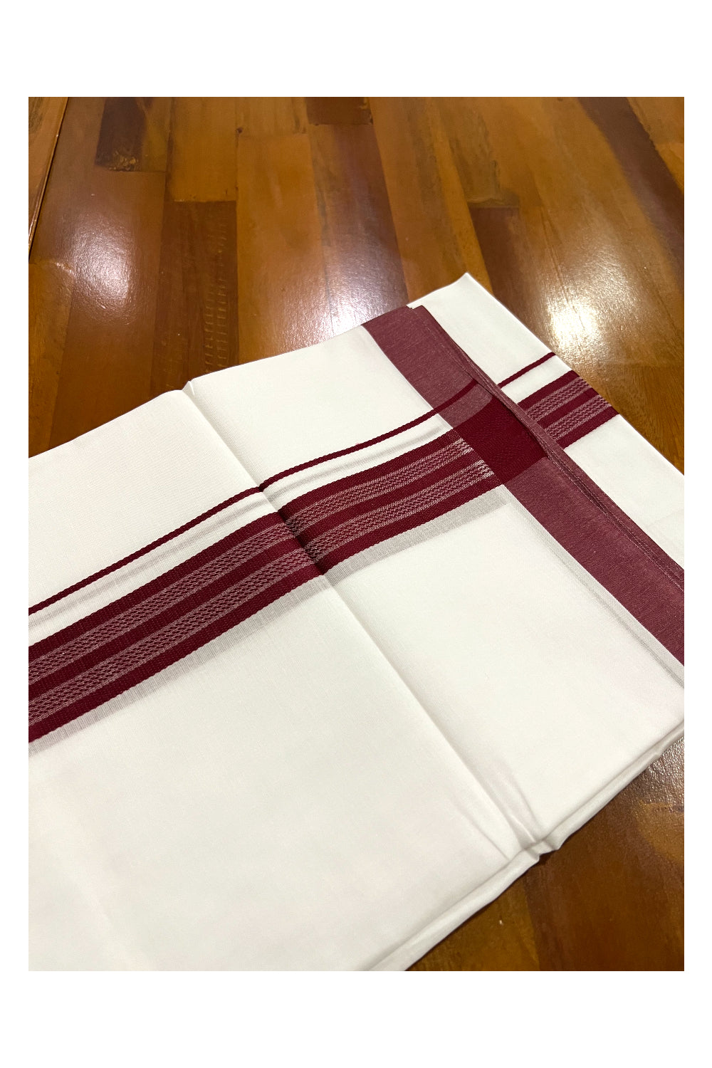 Pure White Cotton Double Mundu with Maroon Border (South Indian Dhoti)