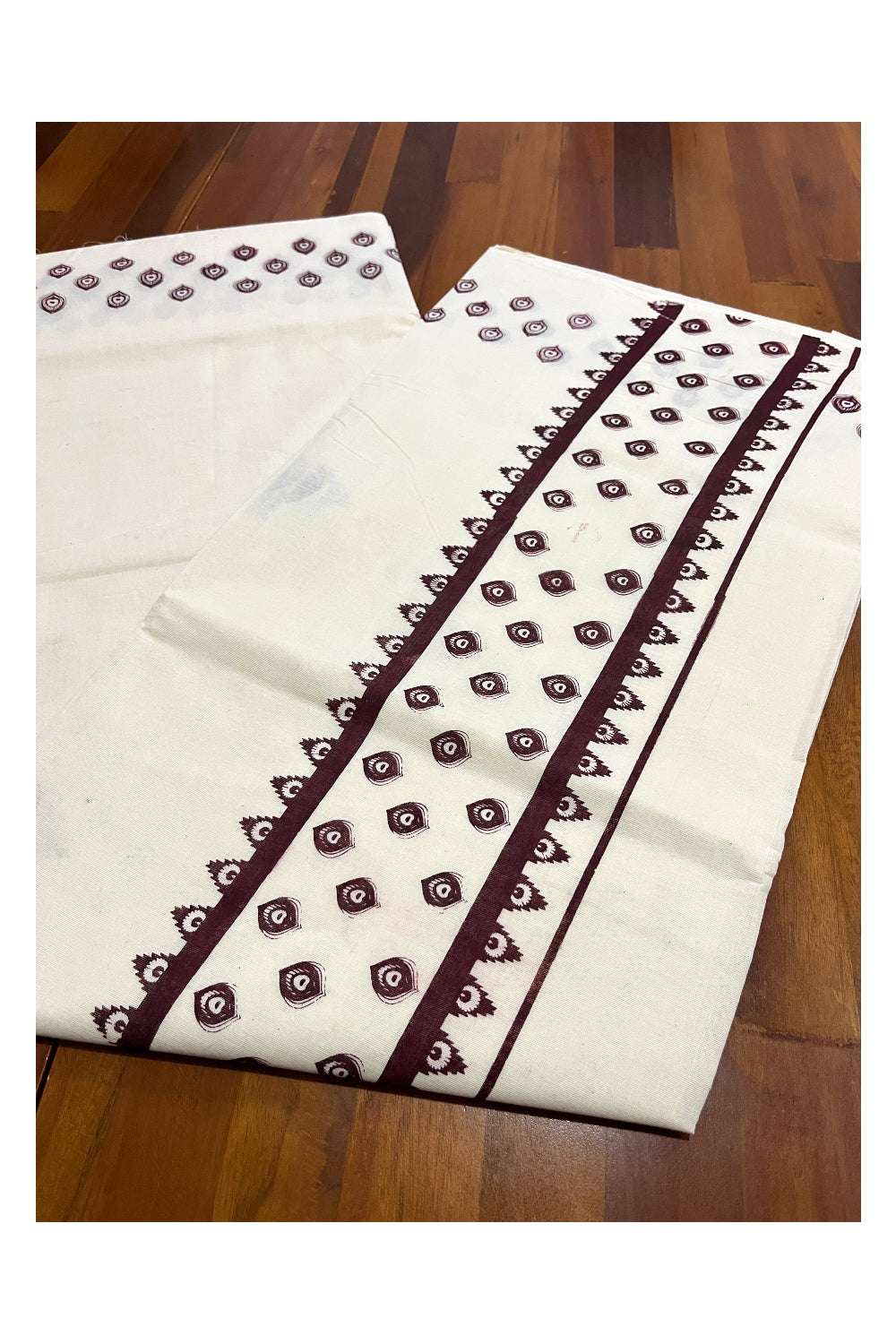 Pure Cotton Off White Kerala Saree with Brown Block Print Border (Vishu Saree 2023)