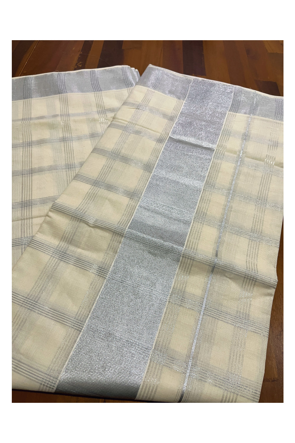 Pure Cotton Kerala Saree with Silver Kasavu Check Designs Across Body (Onam Saree 2023)