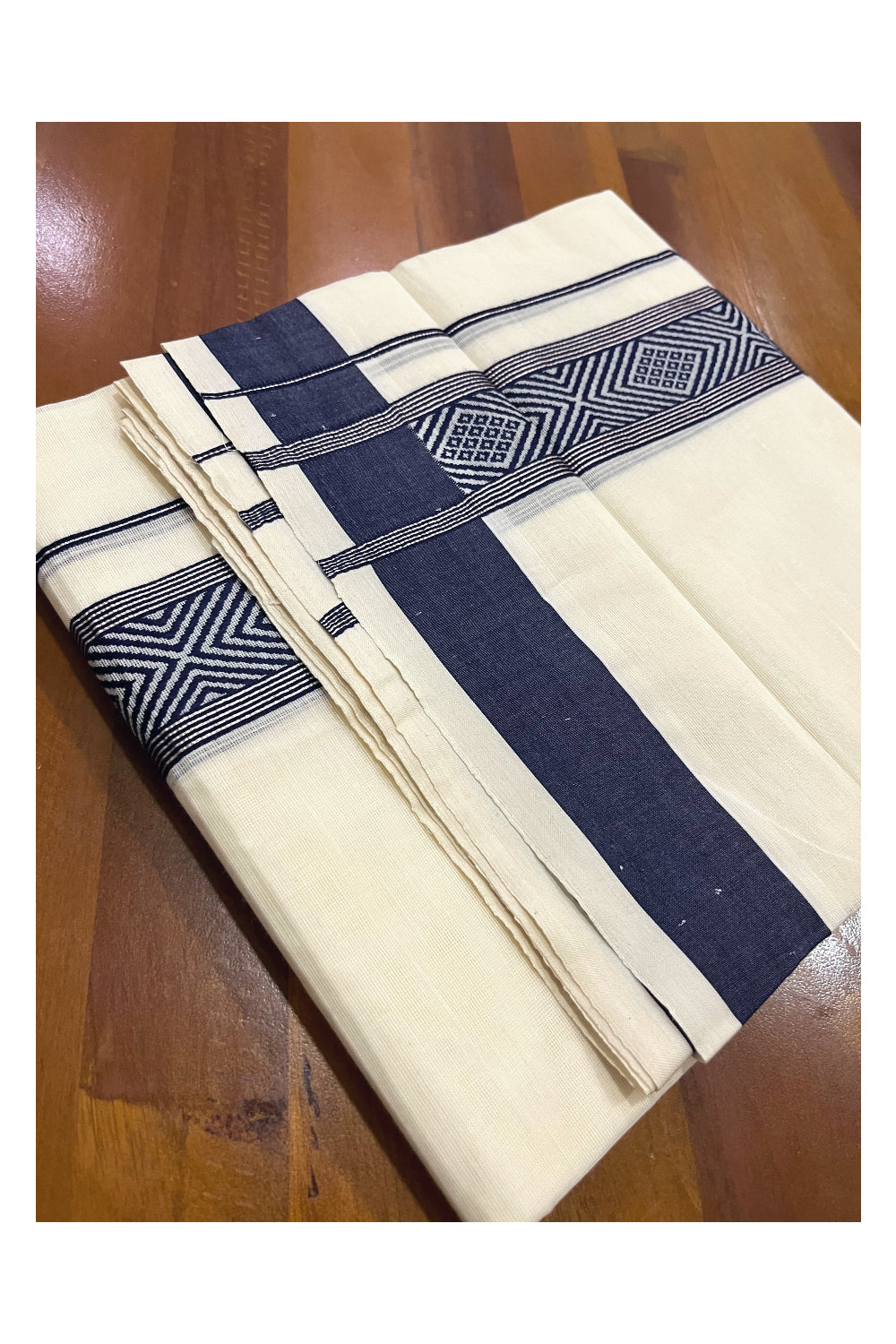 Pure Cotton Off White Double Mundu with Silver Kasavu and Navy Blue Woven Border (South Indian Dhoti)