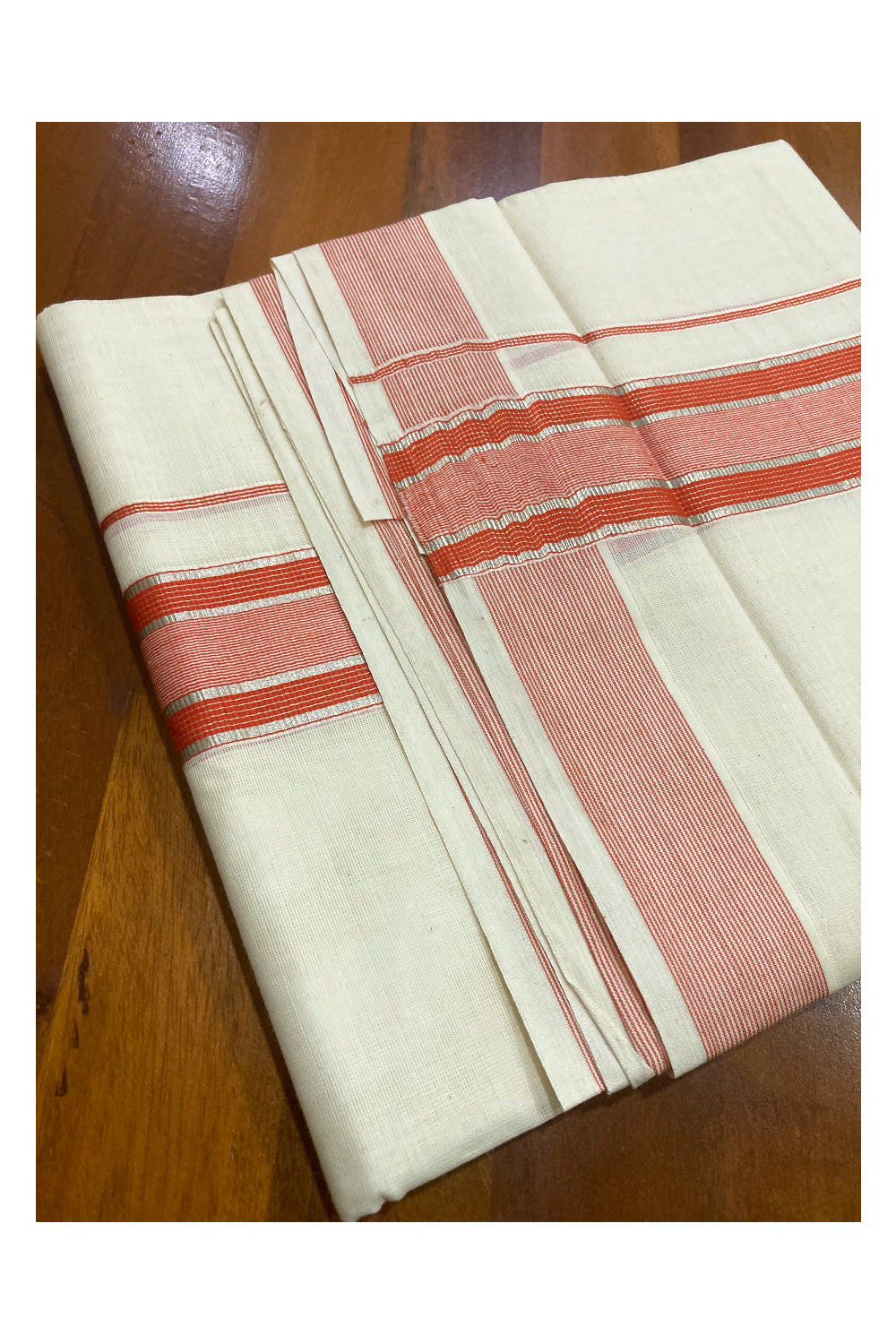 Off White Pure Cotton Double Mundu with Silver Kasavu and Orange Border (South Indian Kerala Dhoti)