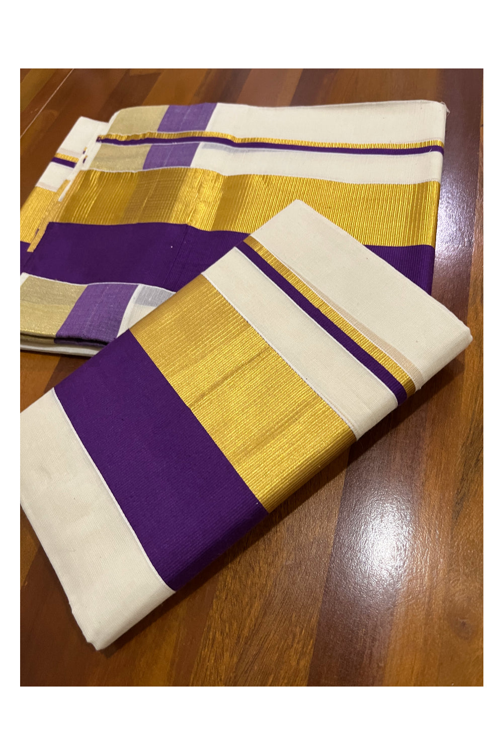 Pure Cotton Kerala Single Set Mundu (Mundum Neriyathum) with Violet and Kasavu Border 2.80 Mtrs