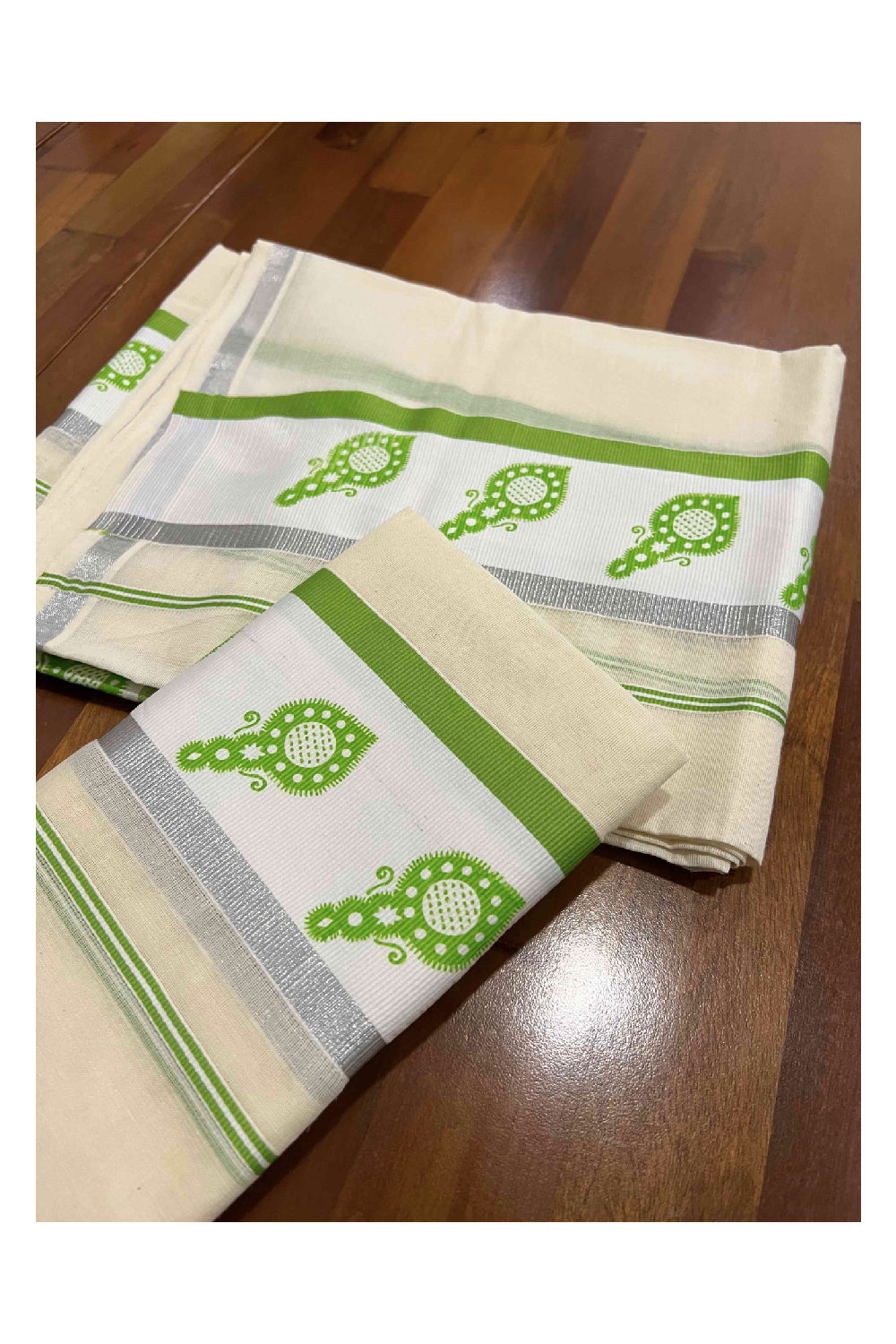 Kerala Cotton Set Mundu (Mundum Neriyathum) with Silver Kasavu and Light Green Block Printed Border