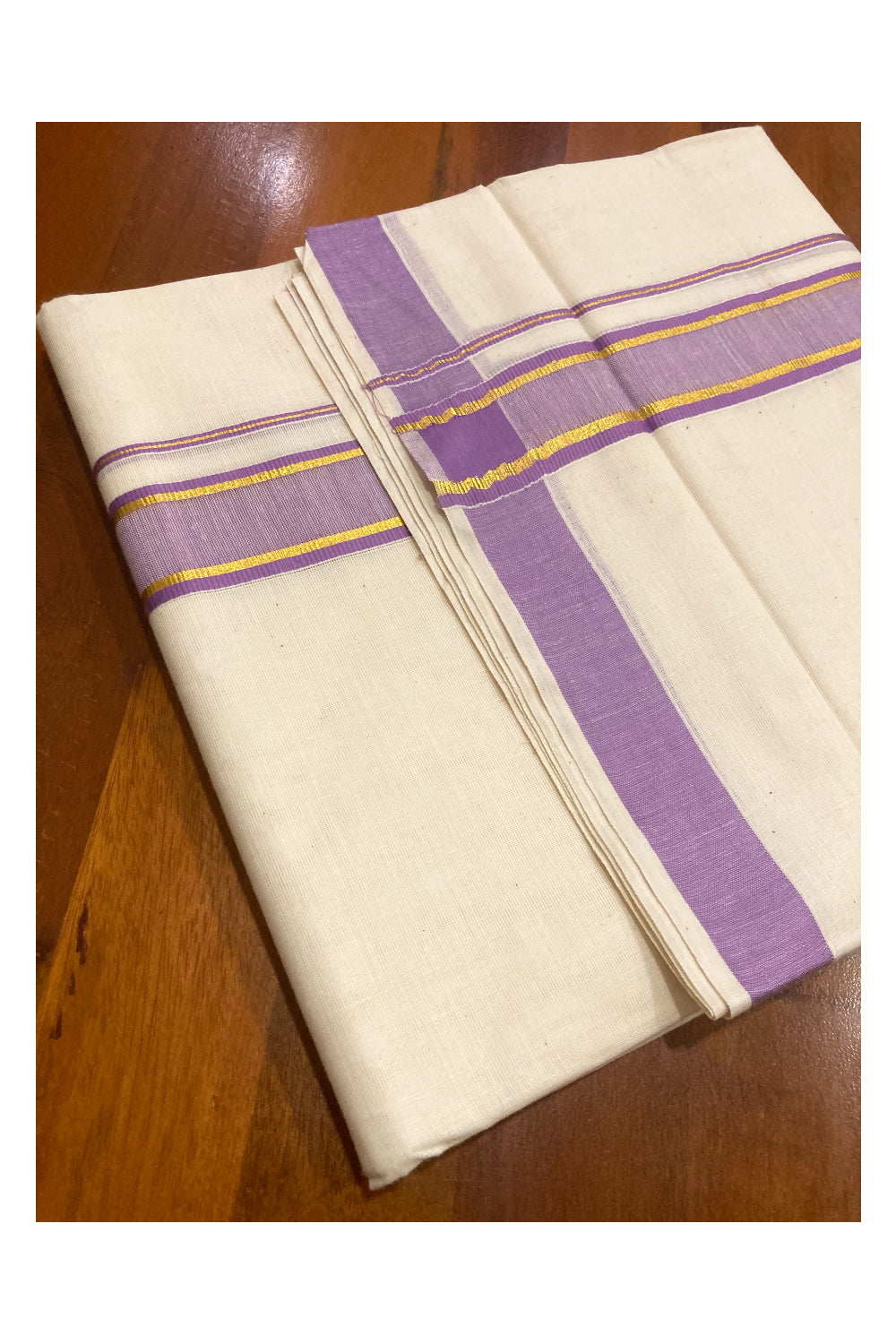 Pure Cotton Double Mundu with Violet and Kasavu Border (South Indian Dhoti)