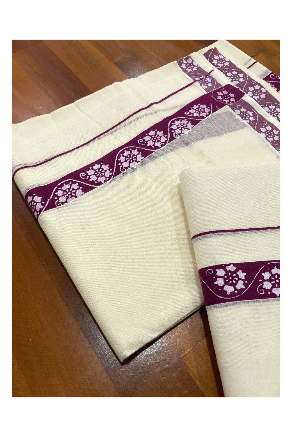 Pure Cotton Set Mundu (Mundum Neriyathum) with White Floral Block Prints on 1 inch Purple Border