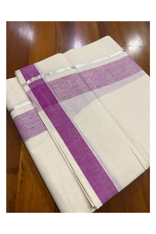 Pure Cotton Off White Double Mundu with Magenta and Silver Kasavu Border (South Indian Dhoti)