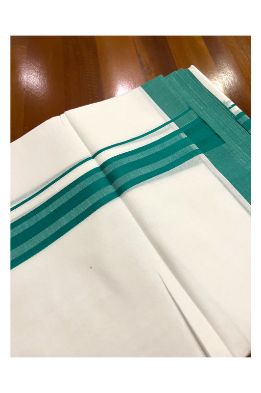 Pure White Cotton Double Mundu with Green Line Border (South Indian Dhoti)