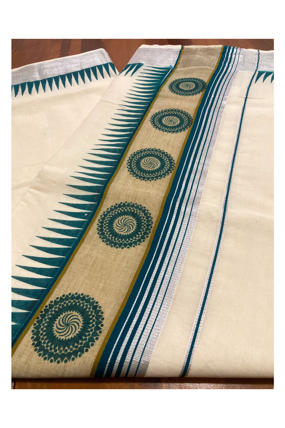 Pure Cotton Silver Kasavu Kerala Saree with Green Block Prints on Border