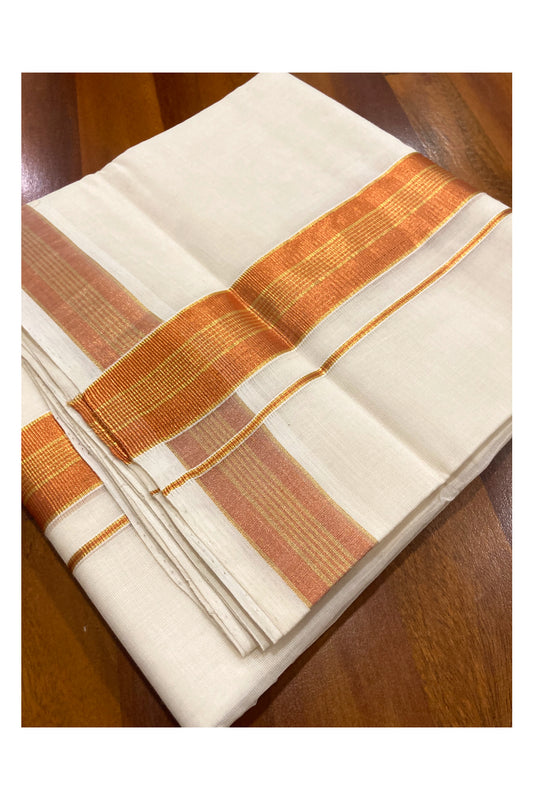 Southloom Premium Handloom Cotton Off White Mundu with Orange and Kasavu Border (South Indian Dhoti)