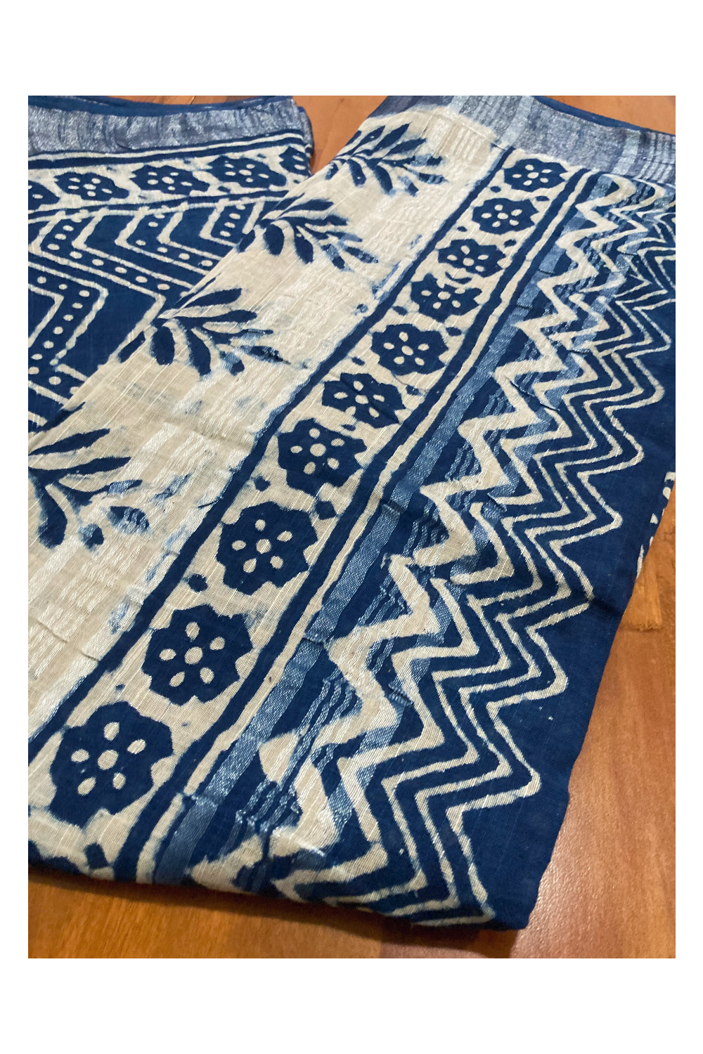 Southloom Linen Indigo Blue Saree with White Designer Prints and Tassels works on Pallu