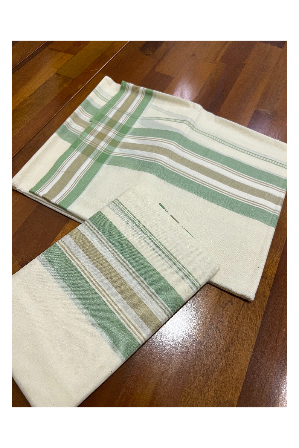 Kerala Cotton Mundum Neriyathum Single (Set Mundu) with Light Green and Beige Mulloth Border (Extra Soft Cotton)