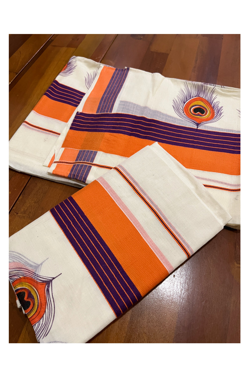 Kerala Cotton Set Mundu (Mundum Neriyathum) with Orange Mural Feather Prints and Violet Orange Border