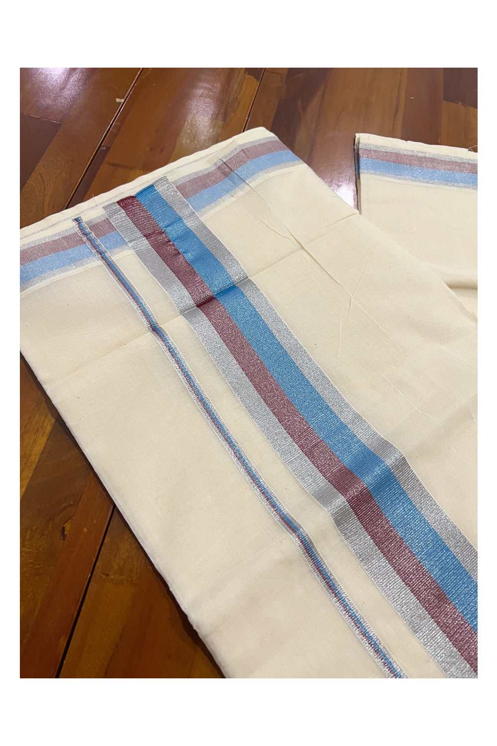 Pure Cotton Kerala Plain Saree with Silver and Light Blue Maroon Kasavu Border