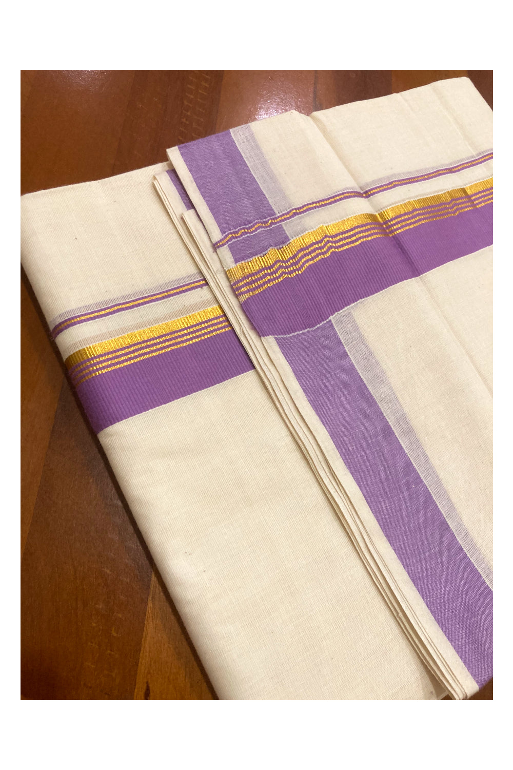 Pure Cotton Double Mundu with Violet and Kasavu Border (South Indian Dhoti)