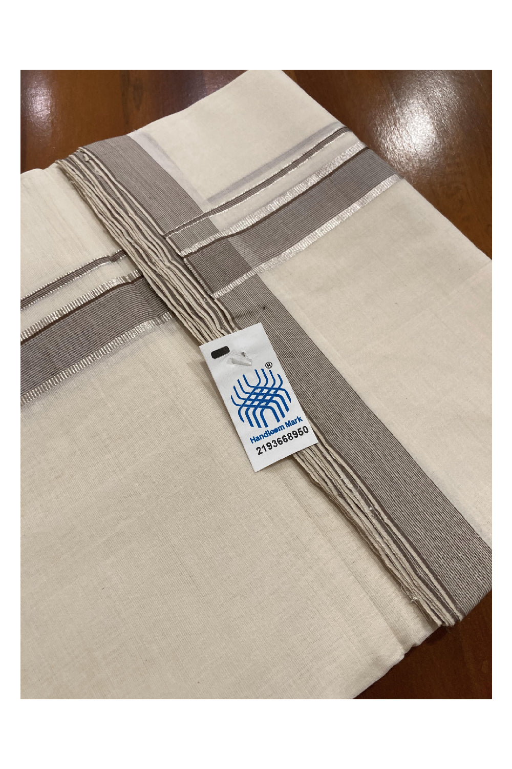 Southloom Balaramapuram Unakkupaavu Premium Handloom Mundu with Brown Lines and SIlver Kasavu Border