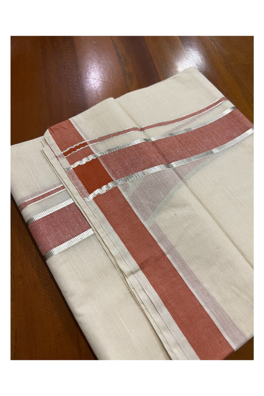 Off White Kerala Double Mundu with Silver Kasavu and Brick Red Border (South Indian Dhoti)