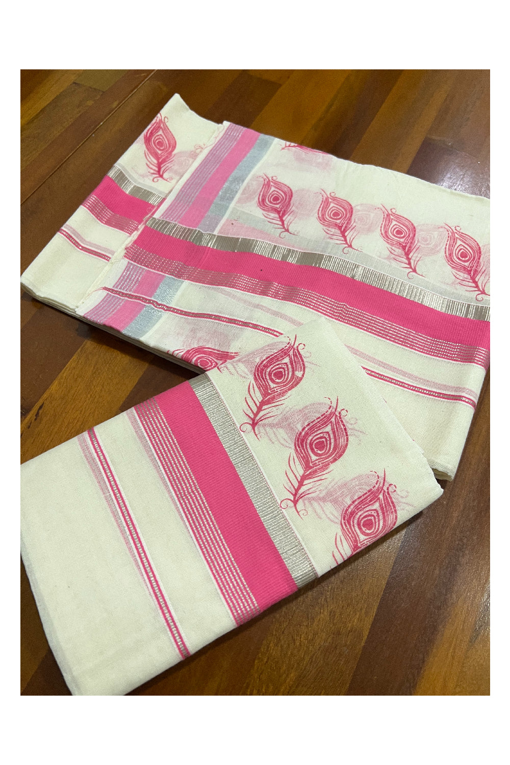 Kerala Cotton Set Mundu (Mundum Neriyathum) with Pink Feather Block Prints and Silver Border