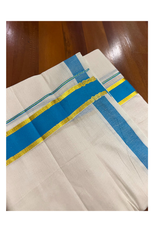 Off White Pure Cotton Double Mundu with Kasavu and Light Blue Kara (South Indian Dhoti)