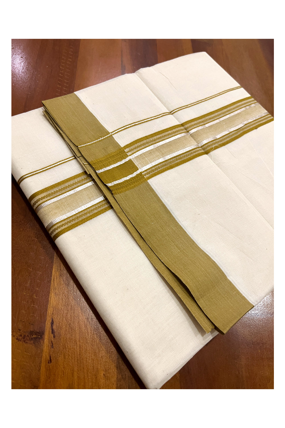 Pure Cotton Off White Double Mundu with Olive Green and Silver Kara (South Indian Dhoti)