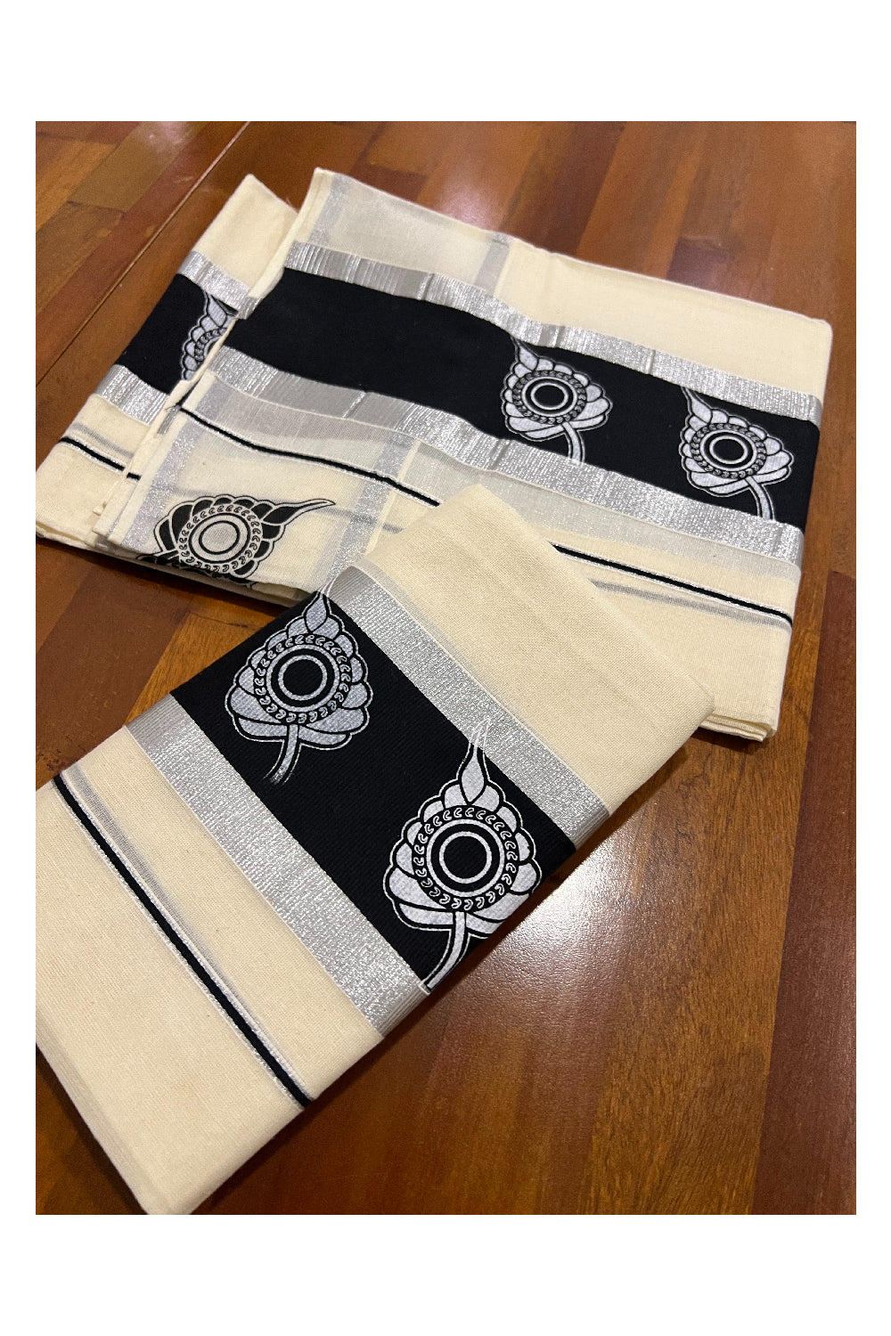 Kerala Cotton Silver Kasavu Set Mundu (Mundum Neriyathum) with Leaf Block Prints on Black Border