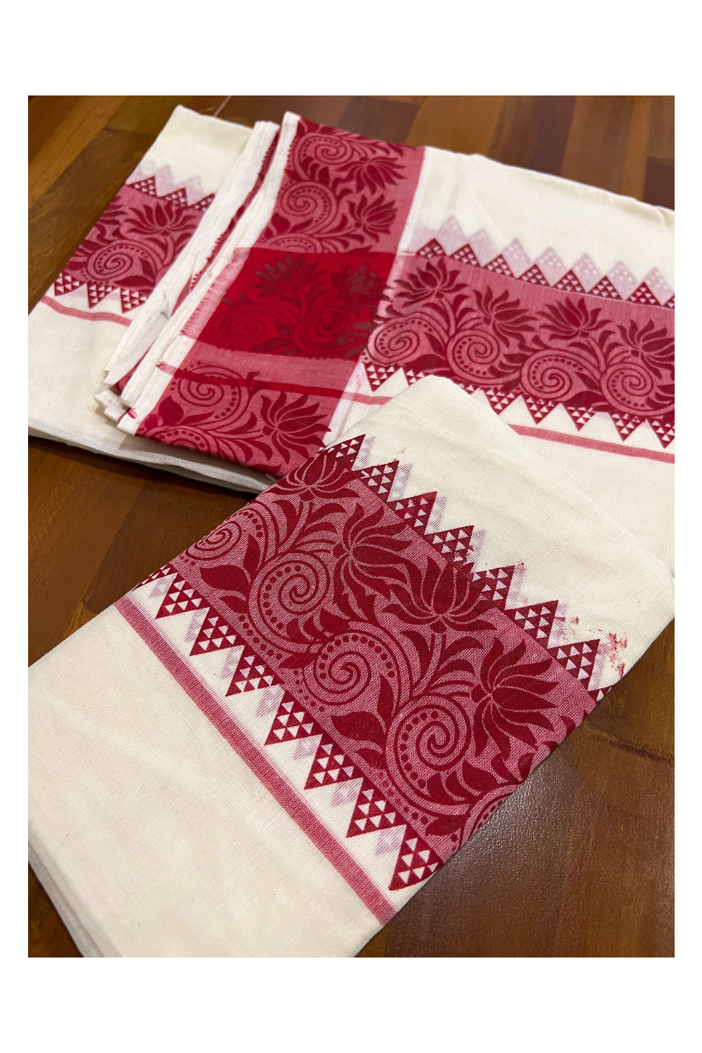 Kerala Cotton Set Mundu (Mundum Neriyathum) with Red Floral Temple Block Prints on Border