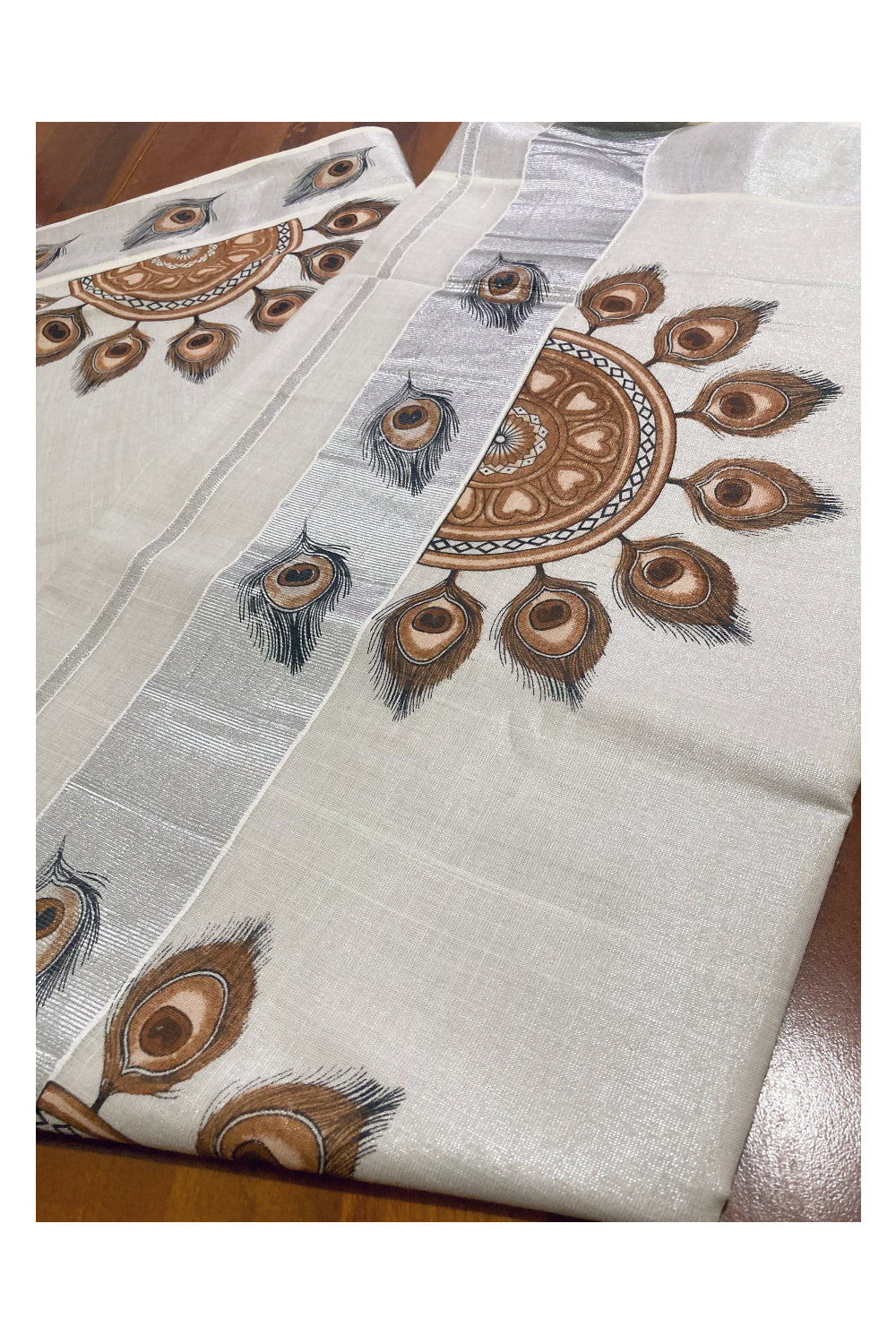 Kerala Silver Tissue Kasavu Saree with Feather Semi Circle Mural Prints