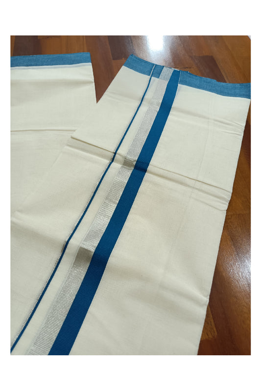 Off White Kerala Double Mundu with Silver Kasavu and Blue Kara (South Indian Dhoti)