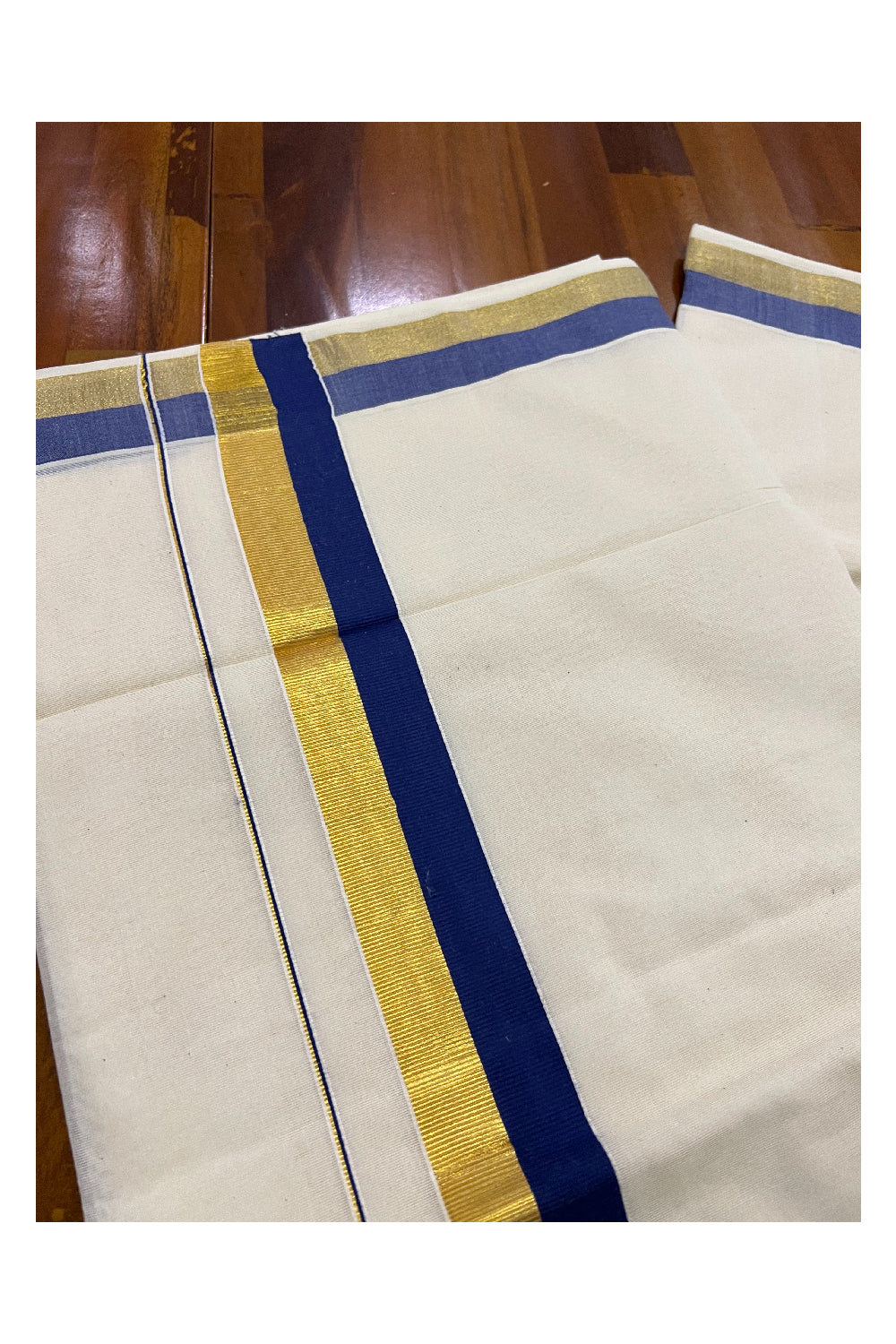 Kerala Pure Cotton Plain Saree with Kasavu Blue 2 inch Border and Pallu