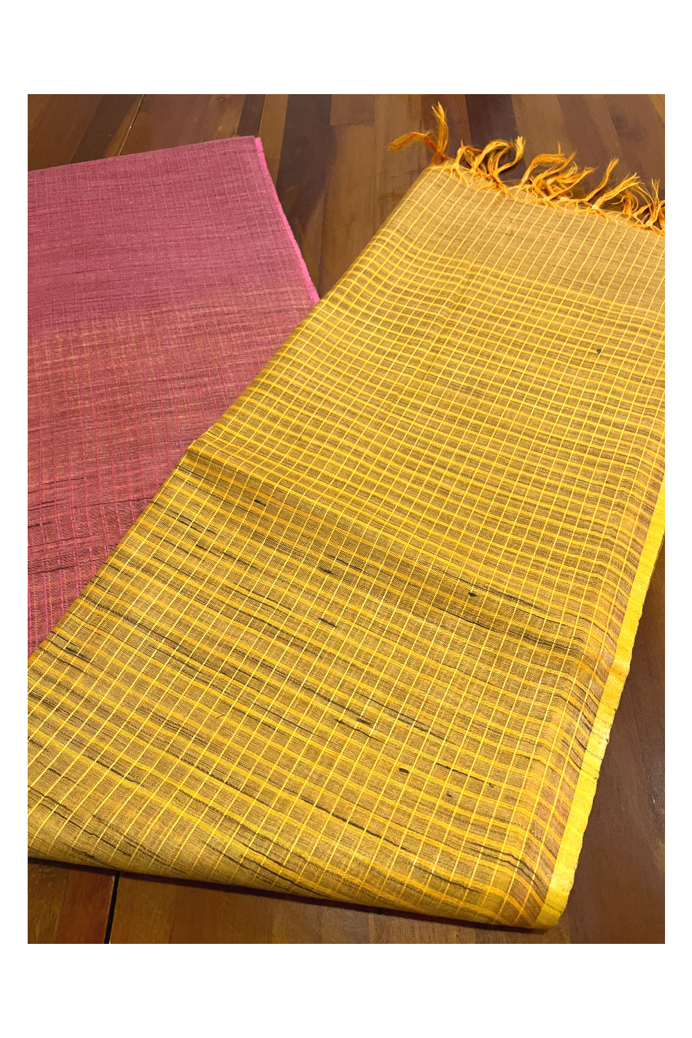 Southloom Cotton Check Design Pink Saree with Yellow Pallu