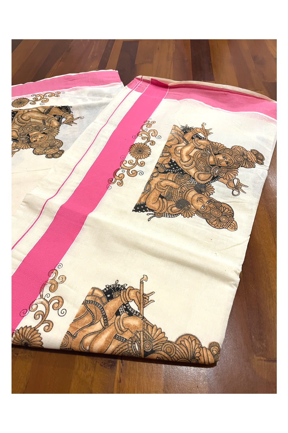 Kerala Pure Cotton Saree with Brown Krishna Radha Prints and Pink Border