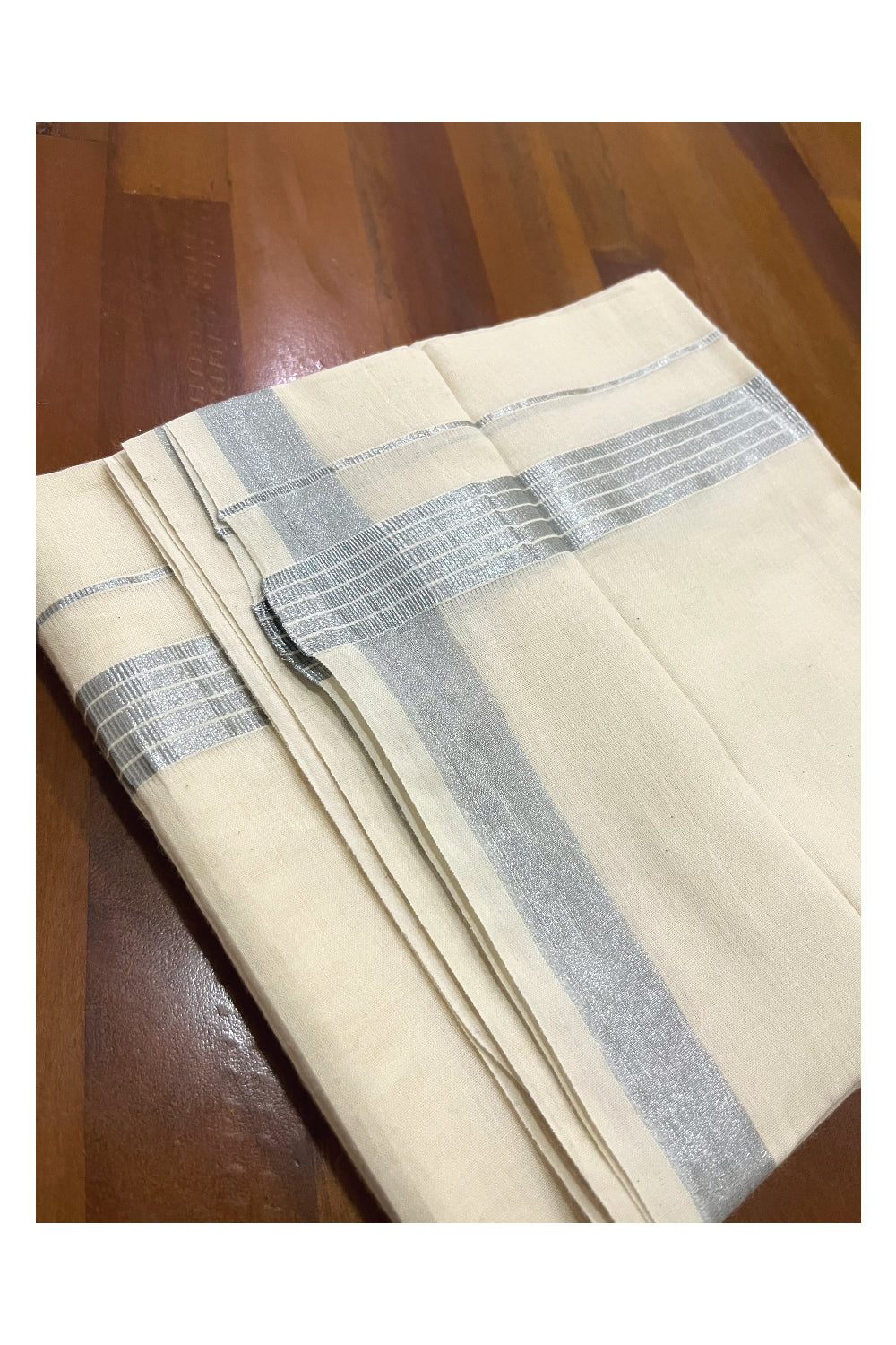 Pure Cotton Off White Double Mundu with Silver Lines Kasavu Border (South Indian Dhoti)