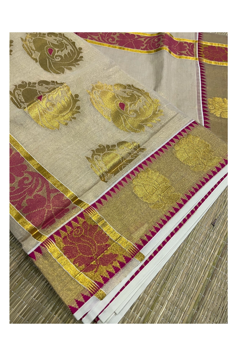 Kerala Tissue Kasavu Saree with Peacock Woven Heavy Work Design and Temple Border