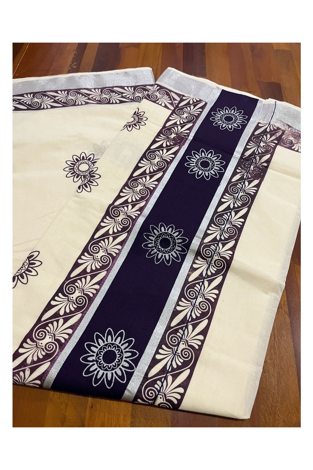 Pure Cotton Kerala Saree with Brown Block Prints and Silver Kasavu Border (Onam Saree 2023)