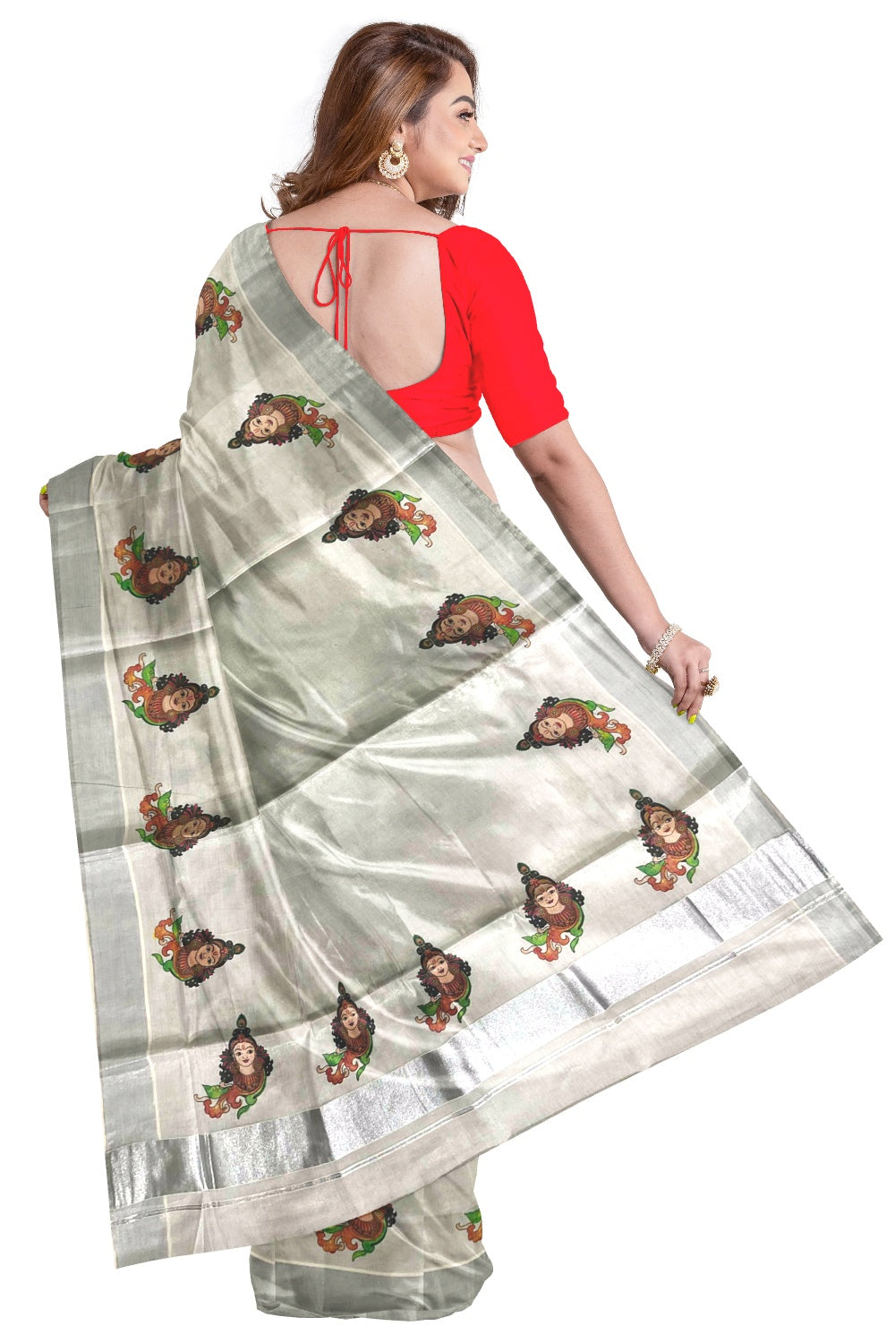 Kerala Silver Tissue Kasavu Mural Printed Devi Face Saree