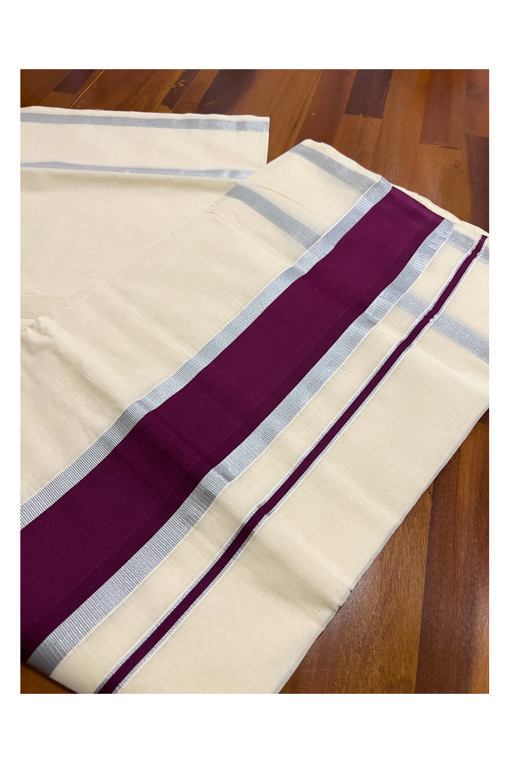 Pure Cotton Kerala Plain Saree with Silver Kasavu and Purple Pallu