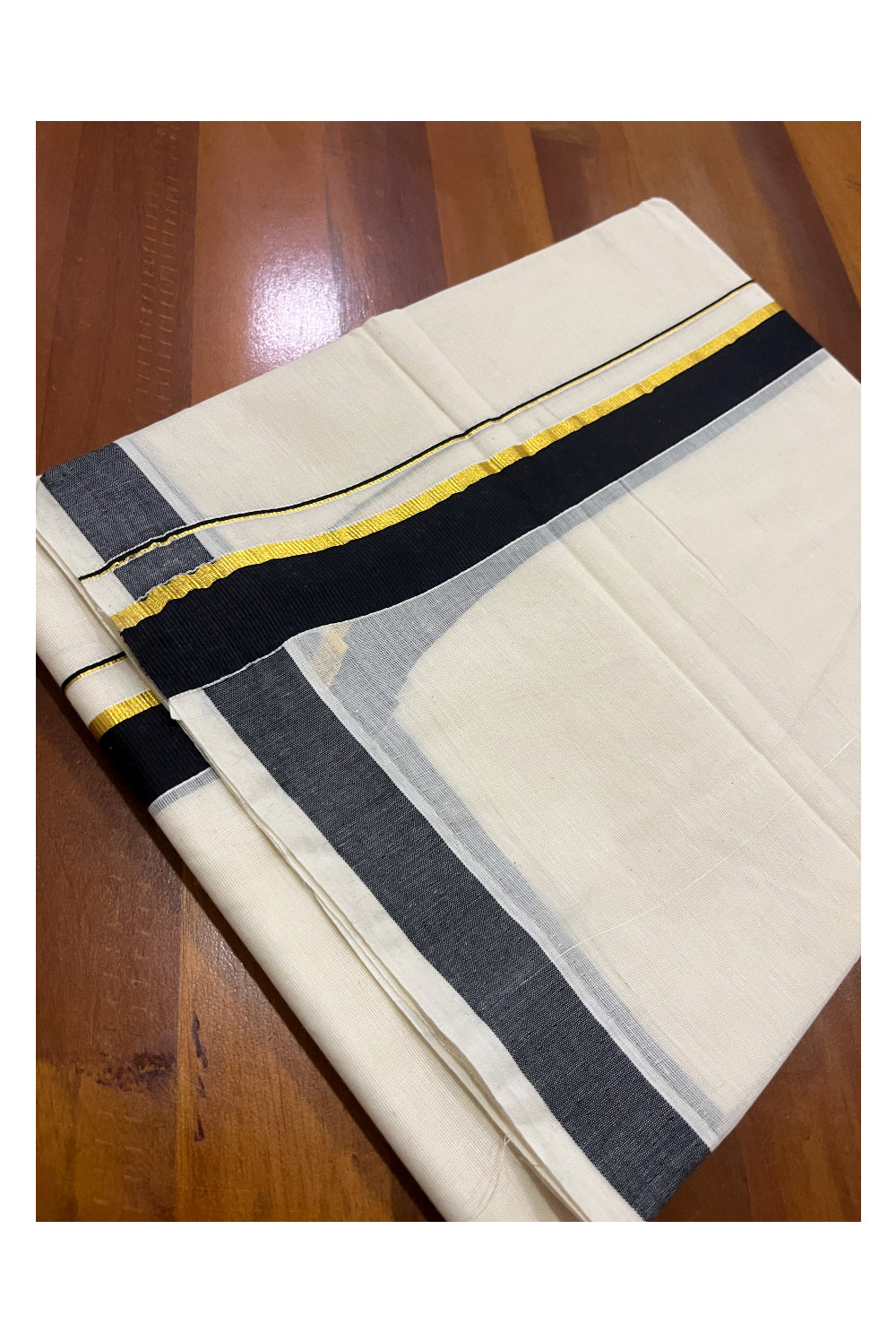 Pure Cotton Off White Double Mundu with Black and Kasavu Kara (South Indian Dhoti)