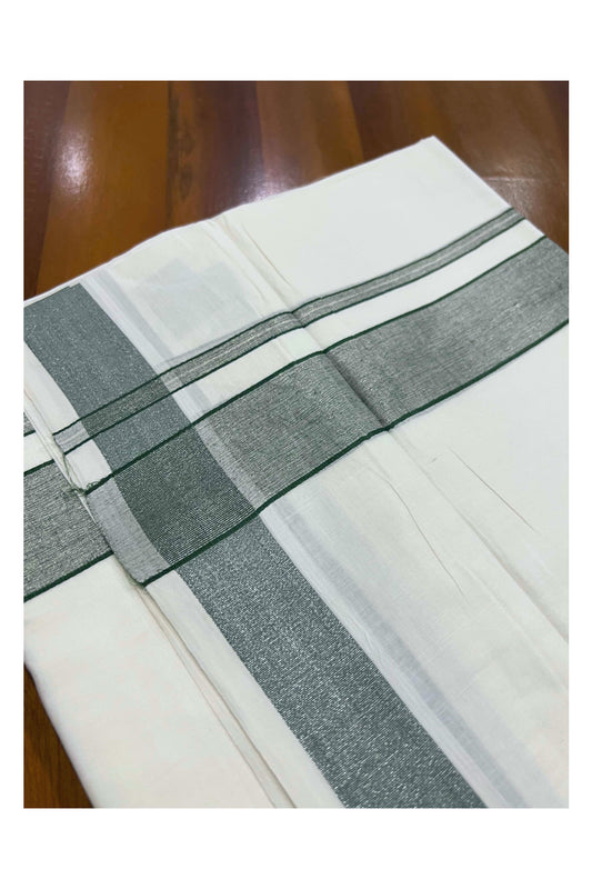 Pure White Cotton Mundu with Silver Green Kara (South Indian Dhoti)