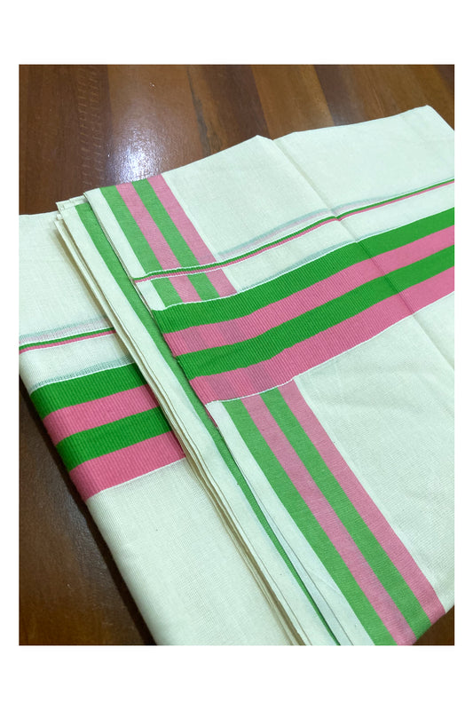 Pure Cotton Off White Double Mundu with Pink and Green Border (South Indian Dhoti)