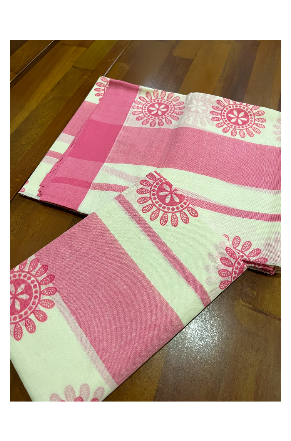 Pure Cotton Single Set Mundu (Mundum Neriyathum Onam 2023) with Pink Block Prints and Border