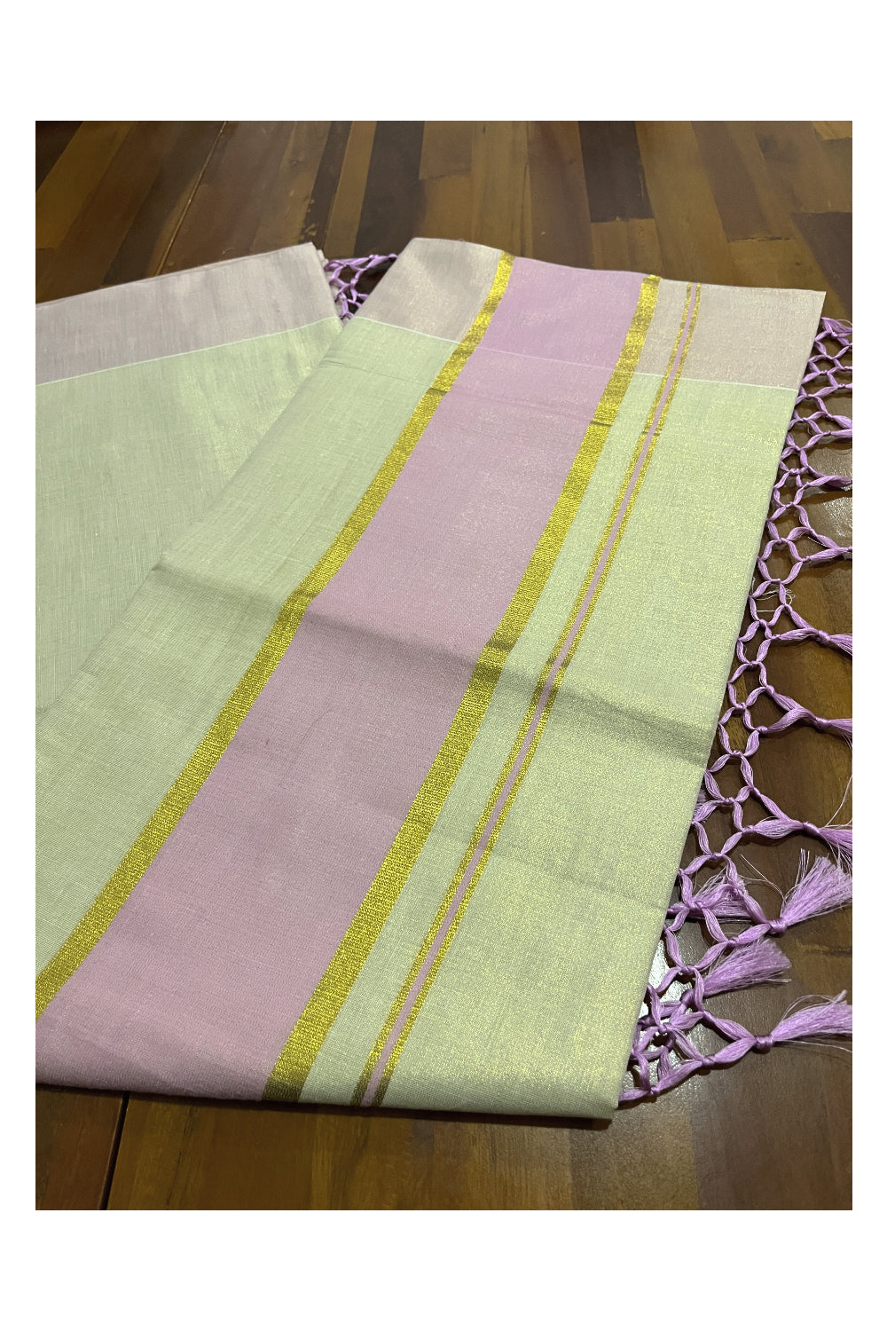 Kerala Kasavu Tissue Plain Saree with Lavander and Kasavu Border (Onam Saree 2023)