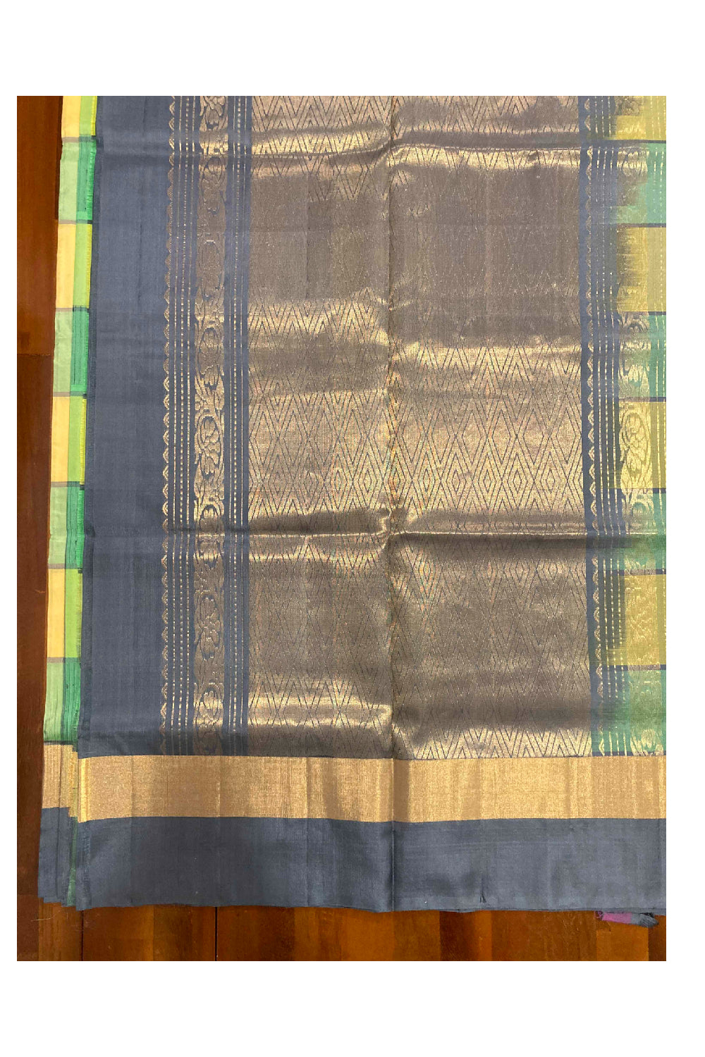 Southloom Handloom Pure Silk Kanchipuram Saree in Yellow Green Check Box Design