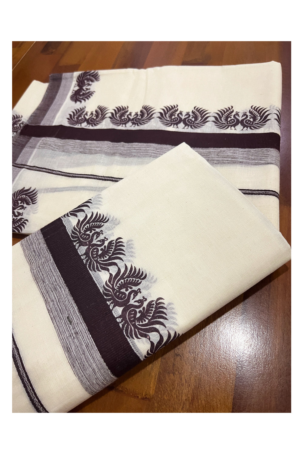 Kerala Cotton Single Set Mundu (Mundum Neriyathum) with Brown Block Prints on Border