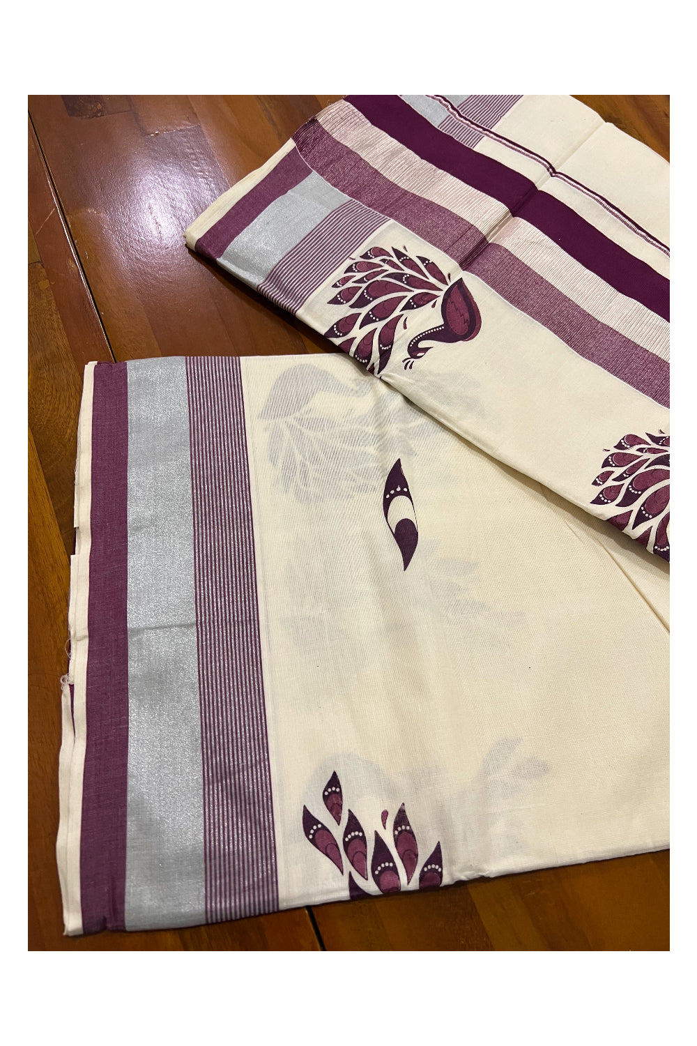 Kerala Pure Cotton Purple and Silver Kasavu Border Saree with Peacock Mural Printed Design